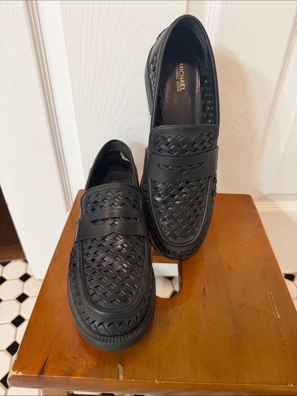 Michael Kors Black Woven Leather Penny Loafers